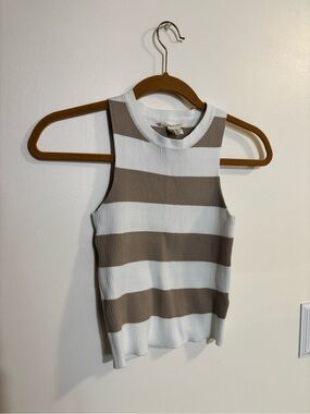 Striped Ribbed Tank Top - White & Taupe